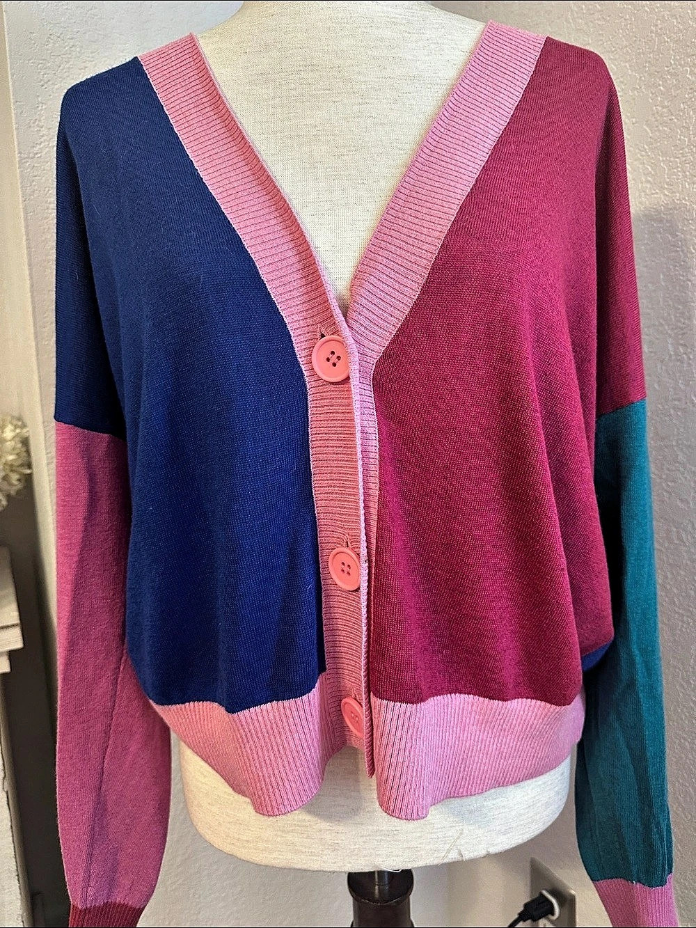 ModCloth Color Block Cardigan in Blue & Pink Size XL